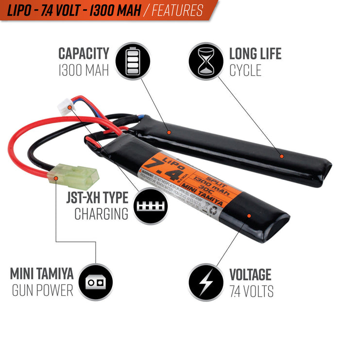 Valken LiPo 7.4V 1300mAh 30C Split Airsoft Battery (Small Tamiya)