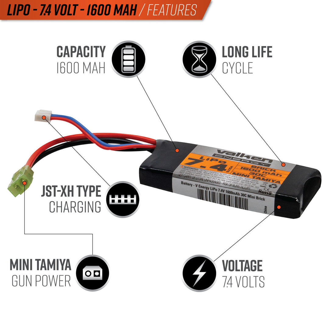 Valken LiPo 7.4v 1600mAh 30C Brick Airsoft Battery (Small Tamiya)