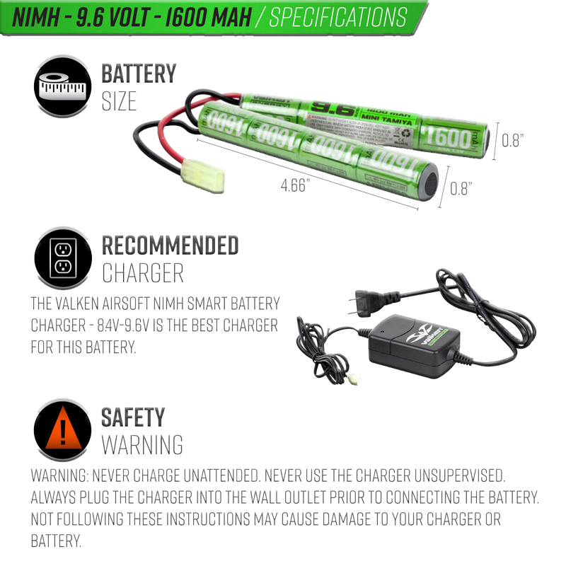 Valken NiMh 9.6V 1600mAh Split Airsoft Battery (Small Tamiya)