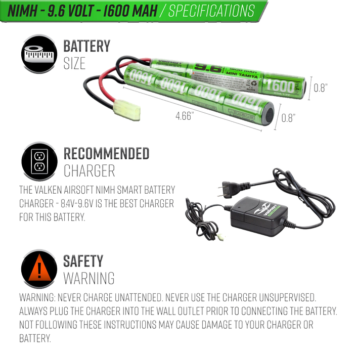 Valken NiMh 9.6V 1600mAh Split Airsoft Battery (Small Tamiya)