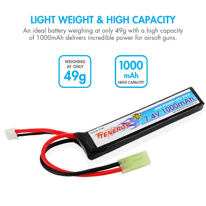 Tenergy Airsoft Li-Po 7.4V 1000mAh Stick Battery Pack w/ Mini Tamiya Connector