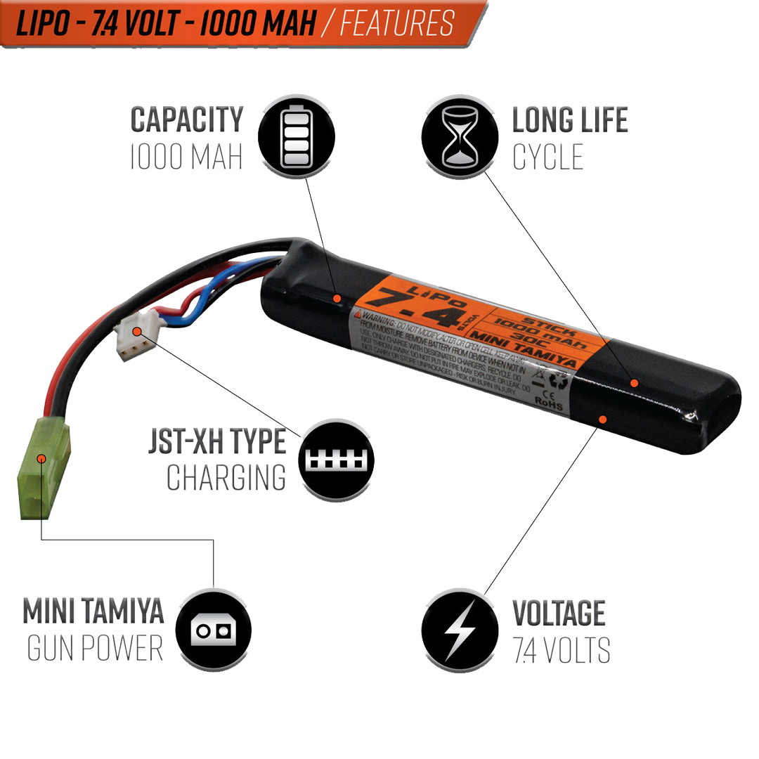 Valken LiPo 7.4v 1000mAh 30c Stick Airsoft Battery (Small Tamiya)