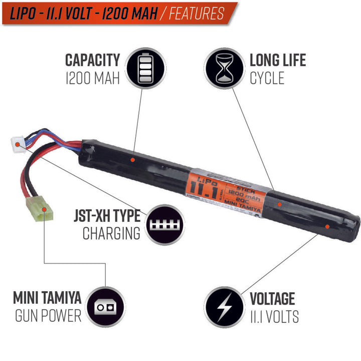 Valken LiPo 11.1v 1200mAh 20C Long Stick Airsoft Battery (Small Tamiya)