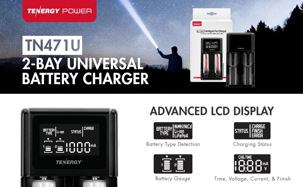 Tenergy TN471U 2-Bay Universal Battery Charger for Li-ion/NiMH with LCD, Micro USB input