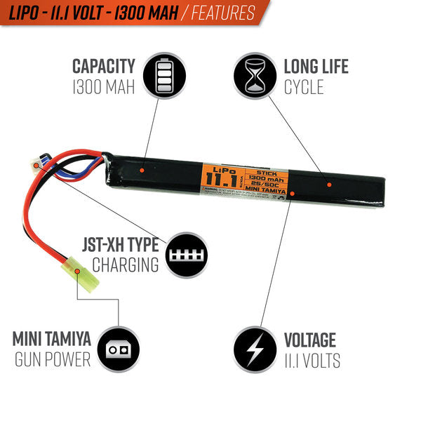 Valken LiPo 11.1V 1300mAh 50C Stick Airsoft Battery (Small Tamiya)