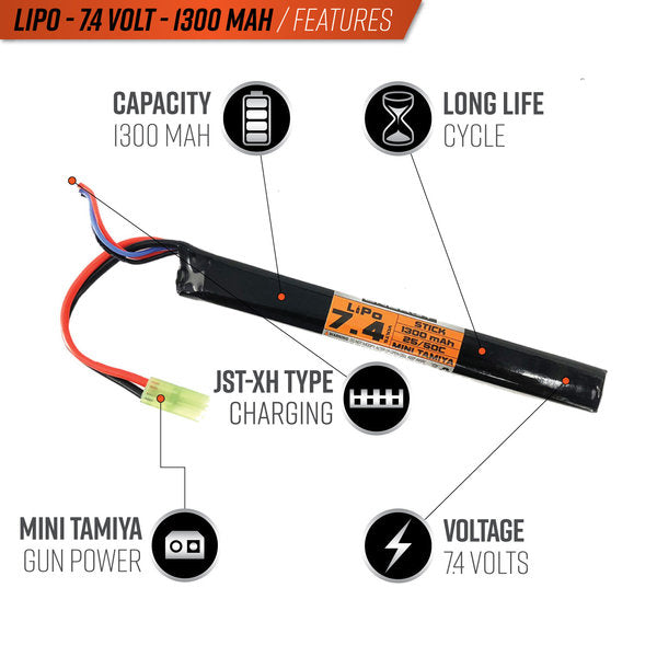 Valken LiPo 7.4V 1300mAh 50c Stick Airsoft Battery (Small Tamiya)