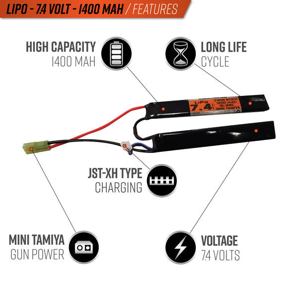 Valken LiPo 7.4V 1400mAh 25C Split Airsoft Battery (Small Tamiya)