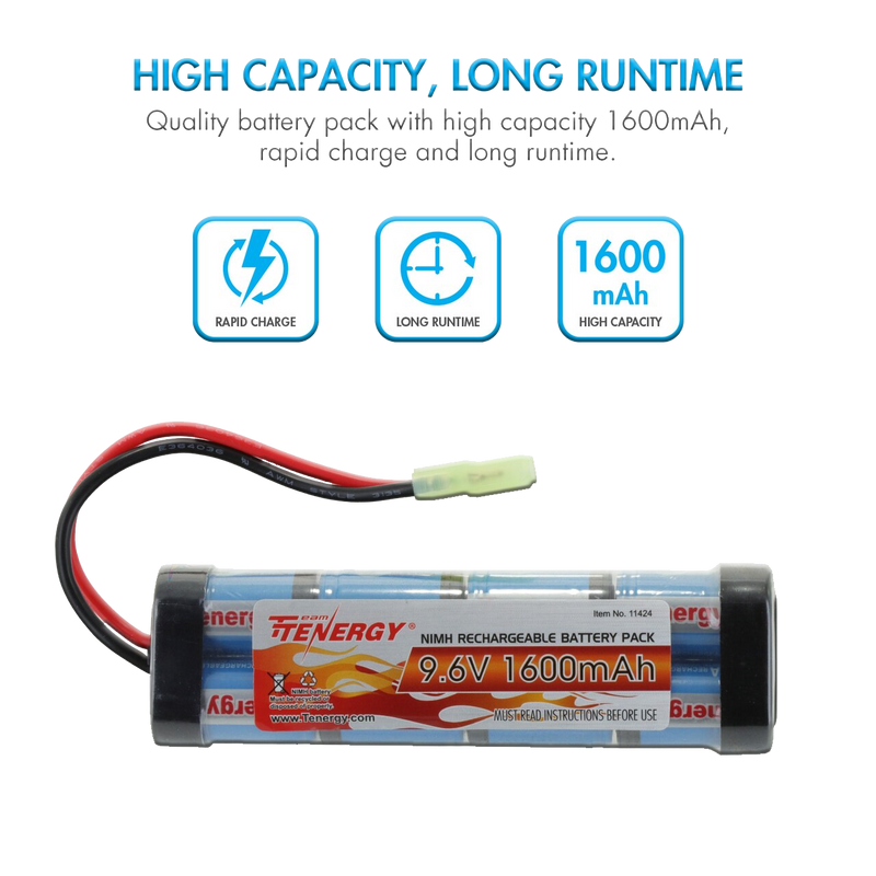 Tenergy Airsoft NiMH 9.6V 1600mAh Flat Battery Pack w/ Mini Tamiya