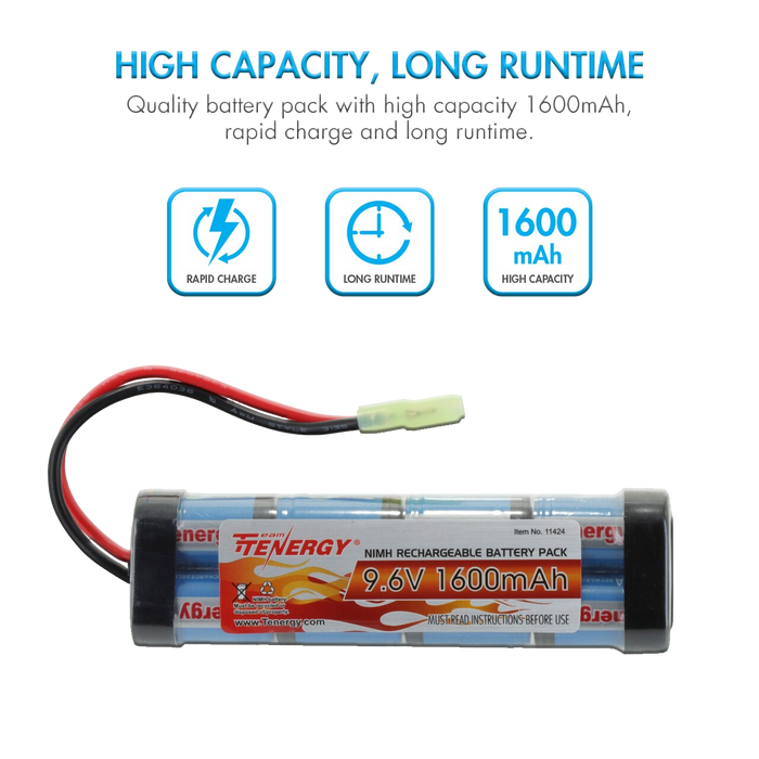 Tenergy Airsoft NiMH 9.6V 1600mAh Flat Battery Pack w/ Mini Tamiya