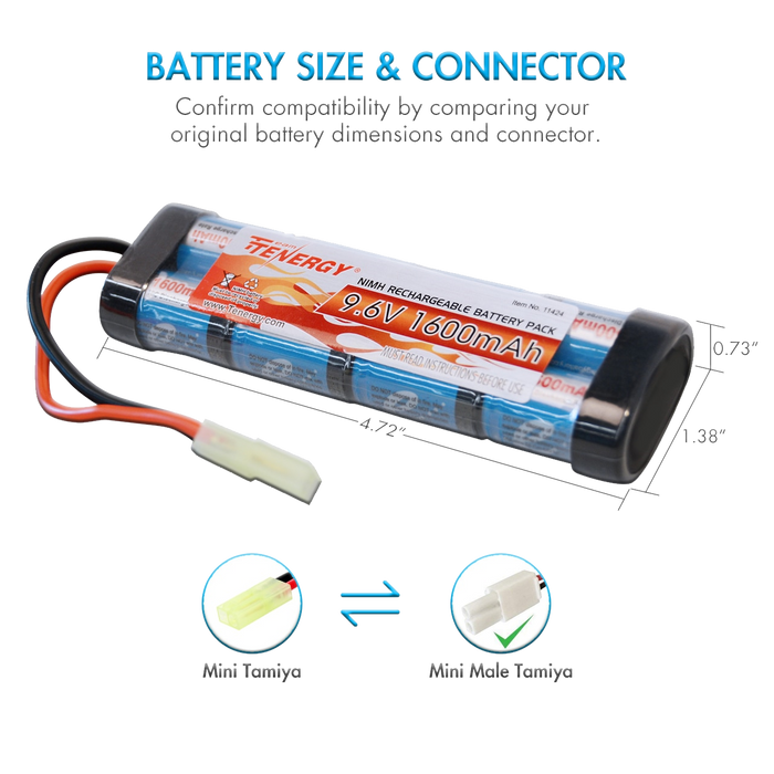 Tenergy Airsoft NiMH 9.6V 1600mAh Flat Battery Pack w/ Mini Tamiya