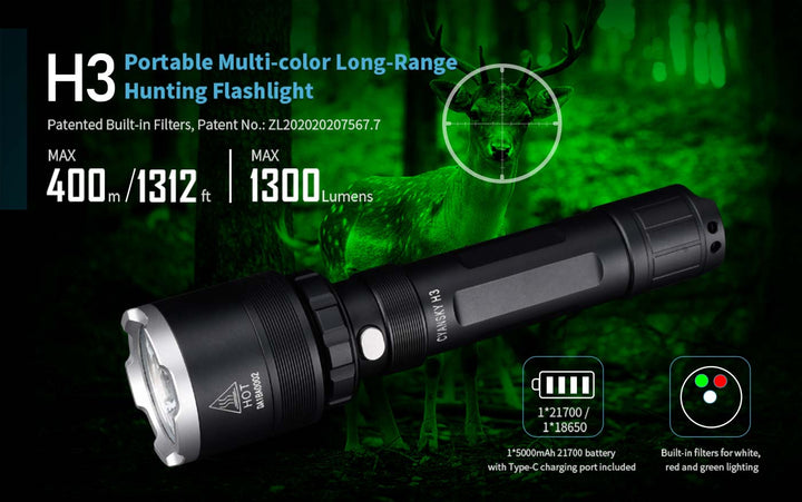 H3 Multi-Color 1300 Lumen 400m Hunting Flashlight
